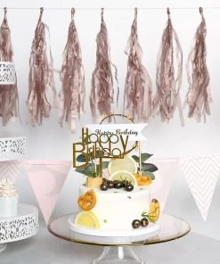HIER_3300 Lanterns & Pom Pom Balls 12 PCS Pre-Tied Paper Fringe Tassel Garland, Paper Tinsel Curtains - Rose Gold