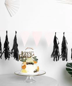 HIER_3300 Lanterns & Pom Pom Balls 12 PCS Pre-Tied Paper Fringe Tassel Garland, Paper Tinsel Curtains - Black