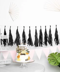 HIER_3300 Lanterns & Pom Pom Balls 12 PCS Pre-Tied Paper Fringe Tassel Garland, Paper Tinsel Curtains - Black