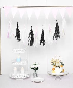HIER_3300 Lanterns & Pom Pom Balls 12 PCS Pre-Tied Paper Fringe Tassel Garland, Paper Tinsel Curtains - Black