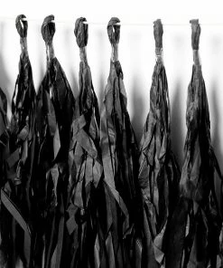 HIER_3300 Lanterns & Pom Pom Balls 12 PCS Pre-Tied Paper Fringe Tassel Garland, Paper Tinsel Curtains - Black
