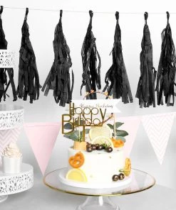 HIER_3300 Lanterns & Pom Pom Balls 12 PCS Pre-Tied Paper Fringe Tassel Garland, Paper Tinsel Curtains - Black