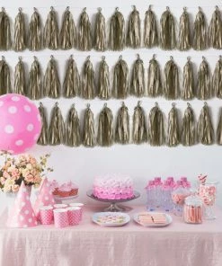 HIER_3300 12 PCS Pre-Tied Paper Fringe Tassel Garland, Paper Tinsel Curtains - Antique Gold