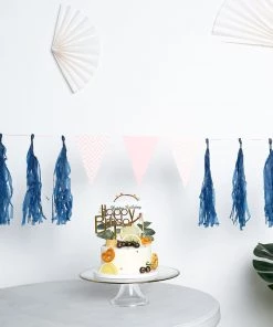 HIER_3300 12 PCS Pre-Tied Paper Fringe Tassel Garland, Paper Tinsel Curtains - Navy Blue Lanterns & Pom Pom Balls