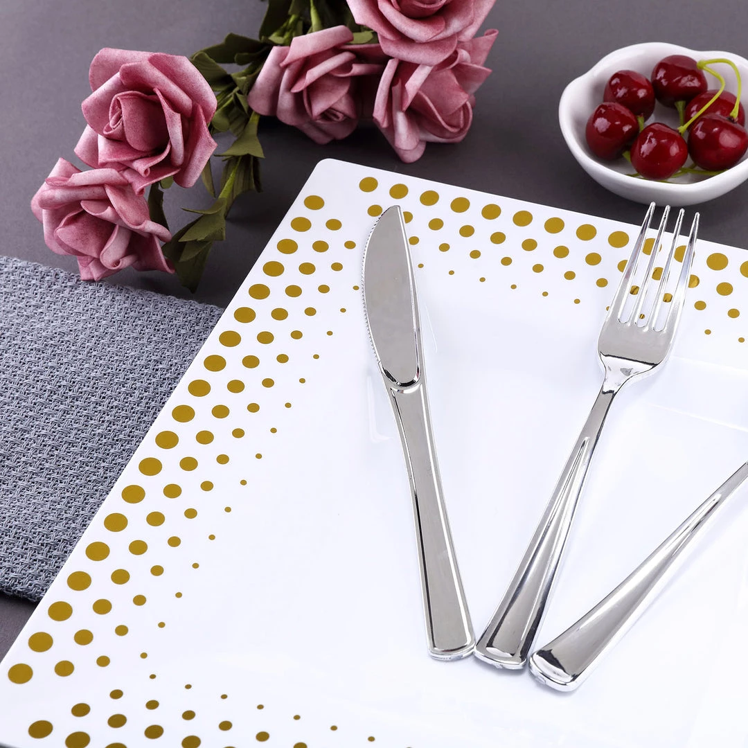 HIER_5440 10 Pack - 11" White Square Plastic Disposable Dinner Plates With Gold Polka Dot Rim 12 HIER_5440 10 Pack - 11" White Square Plastic Disposable Dinner Plates With Gold Polka Dot Rim