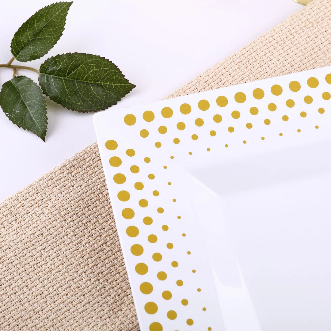 HIER_5440 10 Pack - 11" White Square Plastic Disposable Dinner Plates With Gold Polka Dot Rim 8 HIER_5440 10 Pack - 11" White Square Plastic Disposable Dinner Plates With Gold Polka Dot Rim