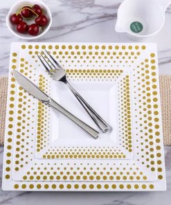 HIER_5440 10 Pack - 11" White Square Plastic Disposable Dinner Plates With Gold Polka Dot Rim 23 HIER_5440 10 Pack - 11