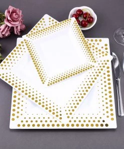 HIER_5440 10 Pack - 11" White Square Plastic Disposable Dinner Plates With Gold Polka Dot Rim 25 HIER_5440 10 Pack - 11