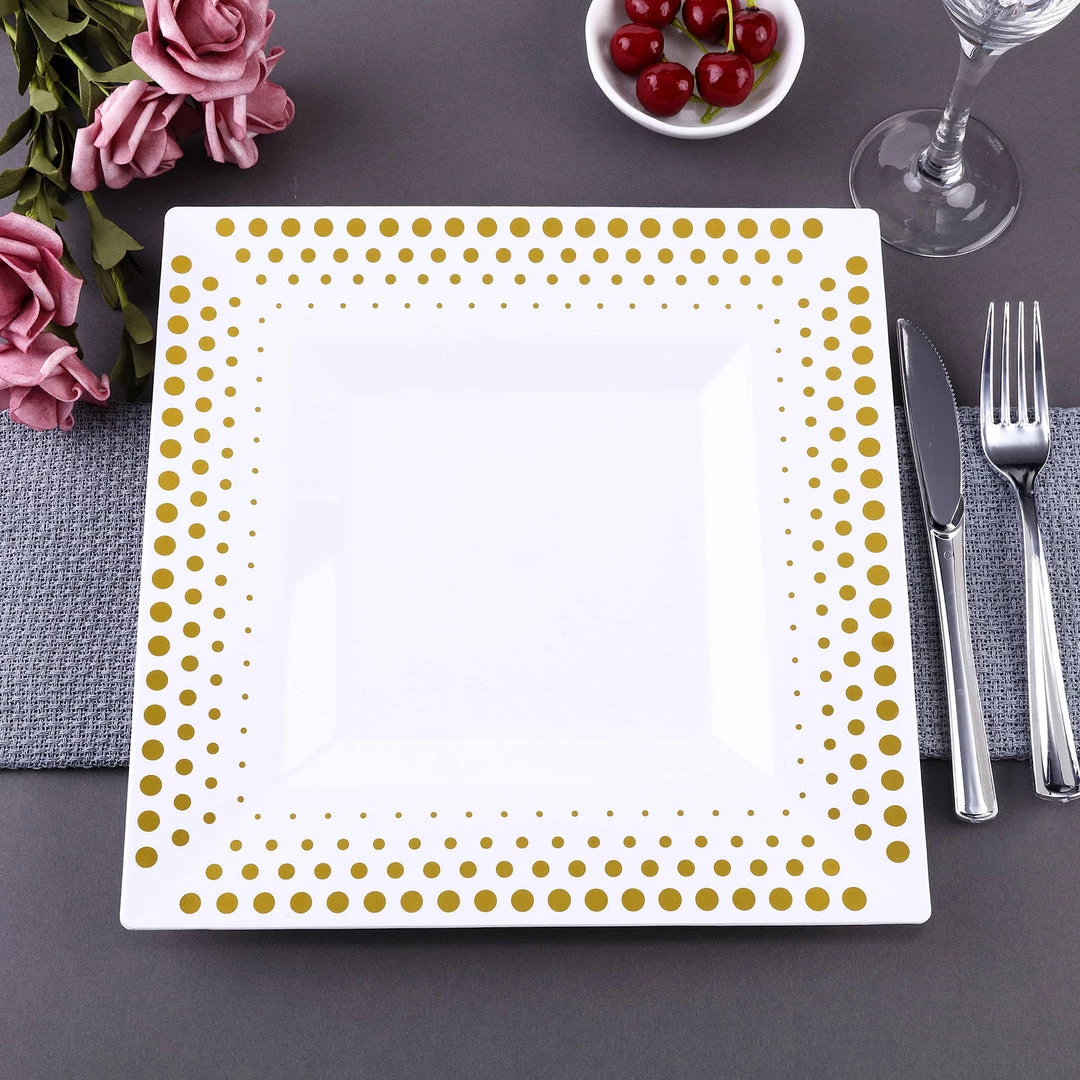HIER_5440 10 Pack - 11" White Square Plastic Disposable Dinner Plates With Gold Polka Dot Rim 1 HIER_5440 10 Pack - 11" White Square Plastic Disposable Dinner Plates With Gold Polka Dot Rim