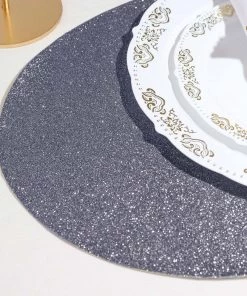 HIER_4720 6 Pack | Charcoal Gray Sparkle Placemats Non Slip Decorative Table Placemat, Oval With Glitter Sparkles