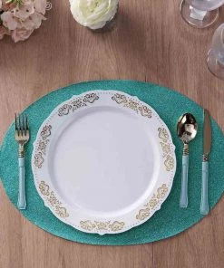 HIER_4720 6 Pack | Aqua Sparkle Placemats Non Slip Decorative Table Placemat, Oval With Glitter Sparkles