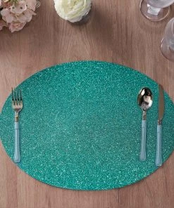 HIER_4720 6 Pack | Aqua Sparkle Placemats Non Slip Decorative Table Placemat, Oval With Glitter Sparkles