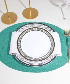 HIER_4720 6 Pack | Aqua Sparkle Placemats Non Slip Decorative Table Placemat, Oval With Glitter Sparkles
