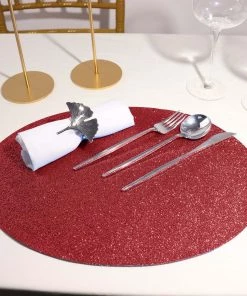 HIER_4720 6 Pack | Burgundy Sparkle Placemats Non Slip Decorative Table Placemat, Oval With Glitter Sparkles Disposable Dinnerware