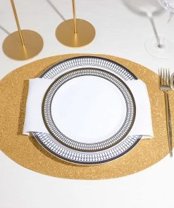 HIER_4720 6 Pack | Champagne Sparkle Placemats Non Slip Decorative Table Placemat, Oval With Glitter Sparkles
