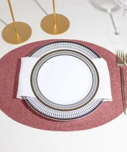 HIER_4720 6 Pack | Coral Sparkle Placemats Non Slip Decorative Table Placemat, Oval With Glitter Sparkles