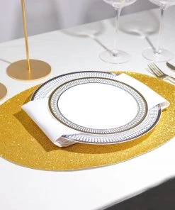 HIER_4720 6 Pack | Gold Sparkle Placemats Non Slip Decorative Table Placemat, Oval With Glitter Sparkles Disposable Dinnerware