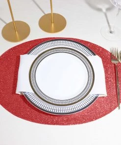 HIER_4720 Disposable Dinnerware 6 Pack | Red Sparkle Placemats Non Slip Decorative Table Placemat, Oval With Glitter Sparkles