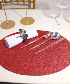 HIER_4720 Disposable Dinnerware 6 Pack | Red Sparkle Placemats Non Slip Decorative Table Placemat, Oval With Glitter Sparkles