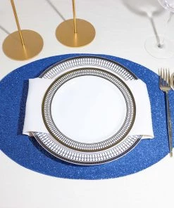 HIER_4720 Disposable Dinnerware 6 Pack | Royal Blue Sparkle Placemats Non Slip Decorative Table Placemat, Oval With Glitter Sparkles