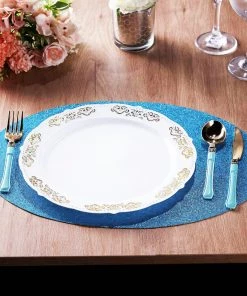 HIER_4720 6 Pack | Turquoise Sparkle Placemats Non Slip Decorative Table Placemat, Oval With Glitter Sparkles Disposable Dinnerware