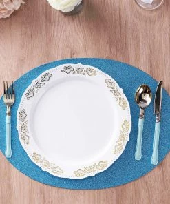 HIER_4720 6 Pack | Turquoise Sparkle Placemats Non Slip Decorative Table Placemat, Oval With Glitter Sparkles Disposable Dinnerware