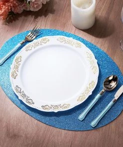 HIER_4720 6 Pack | Turquoise Sparkle Placemats Non Slip Decorative Table Placemat, Oval With Glitter Sparkles Disposable Dinnerware