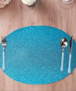 HIER_4720 6 Pack | Turquoise Sparkle Placemats Non Slip Decorative Table Placemat, Oval With Glitter Sparkles Disposable Dinnerware