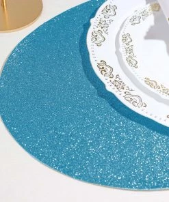 HIER_4720 6 Pack | Turquoise Sparkle Placemats Non Slip Decorative Table Placemat, Oval With Glitter Sparkles Disposable Dinnerware