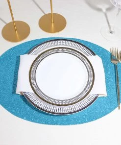 HIER_4720 6 Pack | Turquoise Sparkle Placemats Non Slip Decorative Table Placemat, Oval With Glitter Sparkles Disposable Dinnerware