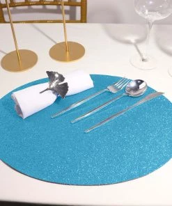 HIER_4720 6 Pack | Turquoise Sparkle Placemats Non Slip Decorative Table Placemat, Oval With Glitter Sparkles Disposable Dinnerware