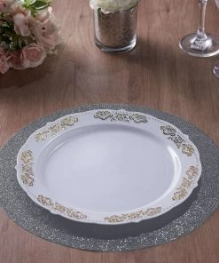 HIER_4720 Disposable Dinnerware 6 Pack | Charcoal Gray Sparkle Placemats Non Slip Decorative Table Placemat, Round With Glitter Sparkles