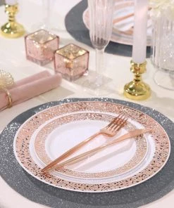 HIER_4720 Disposable Dinnerware 6 Pack | Charcoal Gray Sparkle Placemats Non Slip Decorative Table Placemat, Round With Glitter Sparkles