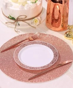 HIER_4720 6 Pack | Blush/Rose Gold Sparkle Placemats Non Slip Decorative Table Placemat, Round With Glitter Sparkles Disposable Dinnerware