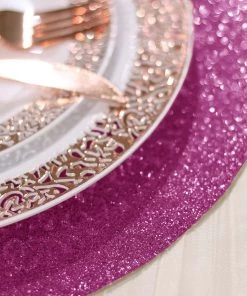 HIER_4720 6 Pack | Fuchsia Sparkle Placemats Non Slip Decorative Table Placemat, Round With Glitter Sparkles Disposable Dinnerware