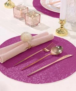 HIER_4720 6 Pack | Fuchsia Sparkle Placemats Non Slip Decorative Table Placemat, Round With Glitter Sparkles Disposable Dinnerware