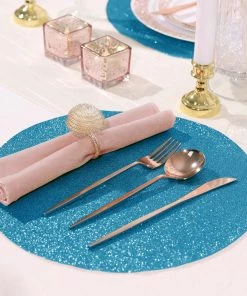 HIER_4720 6 Pack | Turquoise Sparkle Placemats Non Slip Decorative Table Placemat, Round With Glitter Sparkles Disposable Dinnerware