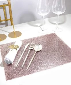 HIER_4720 6 Pack | Rose Gold Sparkle Placemat Non Slip Decorative Table Placemat, Rectangle With Blush Glitter Sparkles Disposable Dinnerware