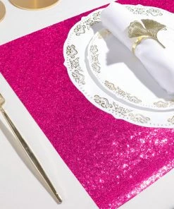 HIER_4720 6 Pack | Fuchsia Sparkle Placemats Non Slip Decorative Table Placemat, Rectangle With Glitter Sparkles Disposable Dinnerware