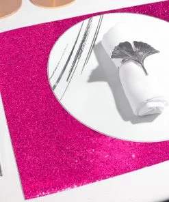 HIER_4720 6 Pack | Fuchsia Sparkle Placemats Non Slip Decorative Table Placemat, Rectangle With Glitter Sparkles Disposable Dinnerware