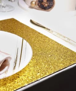 HIER_4720 Disposable Dinnerware 6 Pack | Gold Sparkle Placemats Non Slip Decorative Table Placemat, Rectangle With Glitter Sparkles