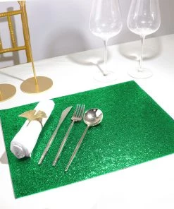 HIER_4720 6 Pack | Green Sparkle Placemats Non Slip Decorative Table Placemat, Rectangle With Glitter Sparkles