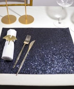 HIER_4720 6 Pack | Navy Blue Sparkle Placemats Non Slip Decorative Table Placemat, Rectangle With Glitter Sparkles
