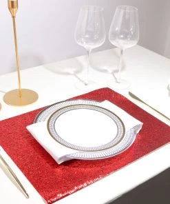 HIER_4720 6 Pack | Red Sparkle Placemats Non Slip Decorative Table Placemat, Rectangle With Glitter Sparkles Disposable Dinnerware