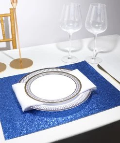 HIER_4720 6 Pack | Royal Blue Sparkle Placemats Non Slip Decorative Table Placemat, Rectangle With Glitter Sparkles Disposable Dinnerware