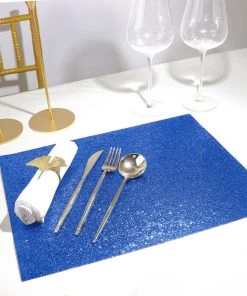 HIER_4720 6 Pack | Royal Blue Sparkle Placemats Non Slip Decorative Table Placemat, Rectangle With Glitter Sparkles Disposable Dinnerware