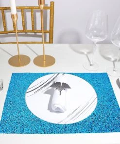 HIER_4720 6 Pack | Turquoise Sparkle Placemats Non Slip Decorative Table Placemat, Rectangle With Glitter Sparkles