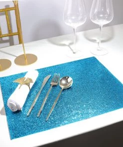 HIER_4720 6 Pack | Turquoise Sparkle Placemats Non Slip Decorative Table Placemat, Rectangle With Glitter Sparkles
