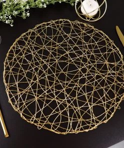 HIER_4720 6 Pack | 15" Metallic Gold String Woven Placemats | Round Table Placemats