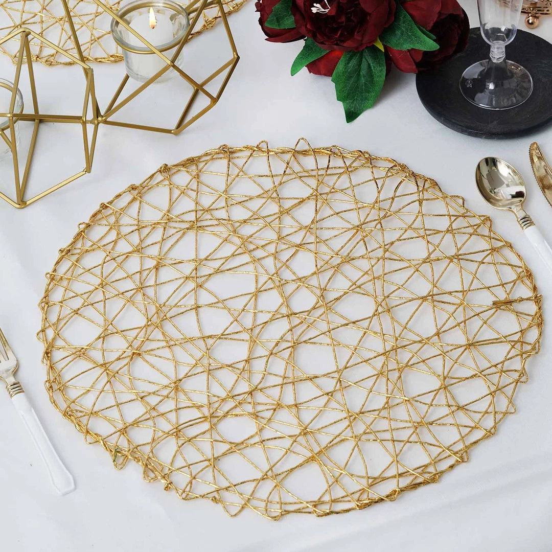 HIER_4720 6 Pack | 15" Metallic Gold String Woven Placemats | Round Table Placemats 6 HIER_4720 6 Pack | 15" Metallic Gold String Woven Placemats | Round Table Placemats